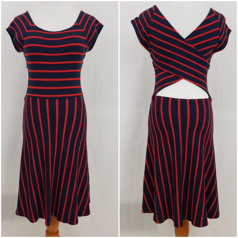 Market & Spruce Copper Knit Dress Navy Red Stripe Open Back size Small Boho